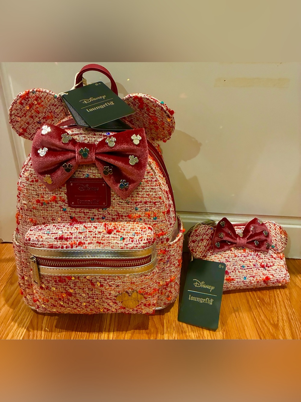 New Loungefly Boucle’ Tweed Minnie Bow Ear Backpack & Wallet